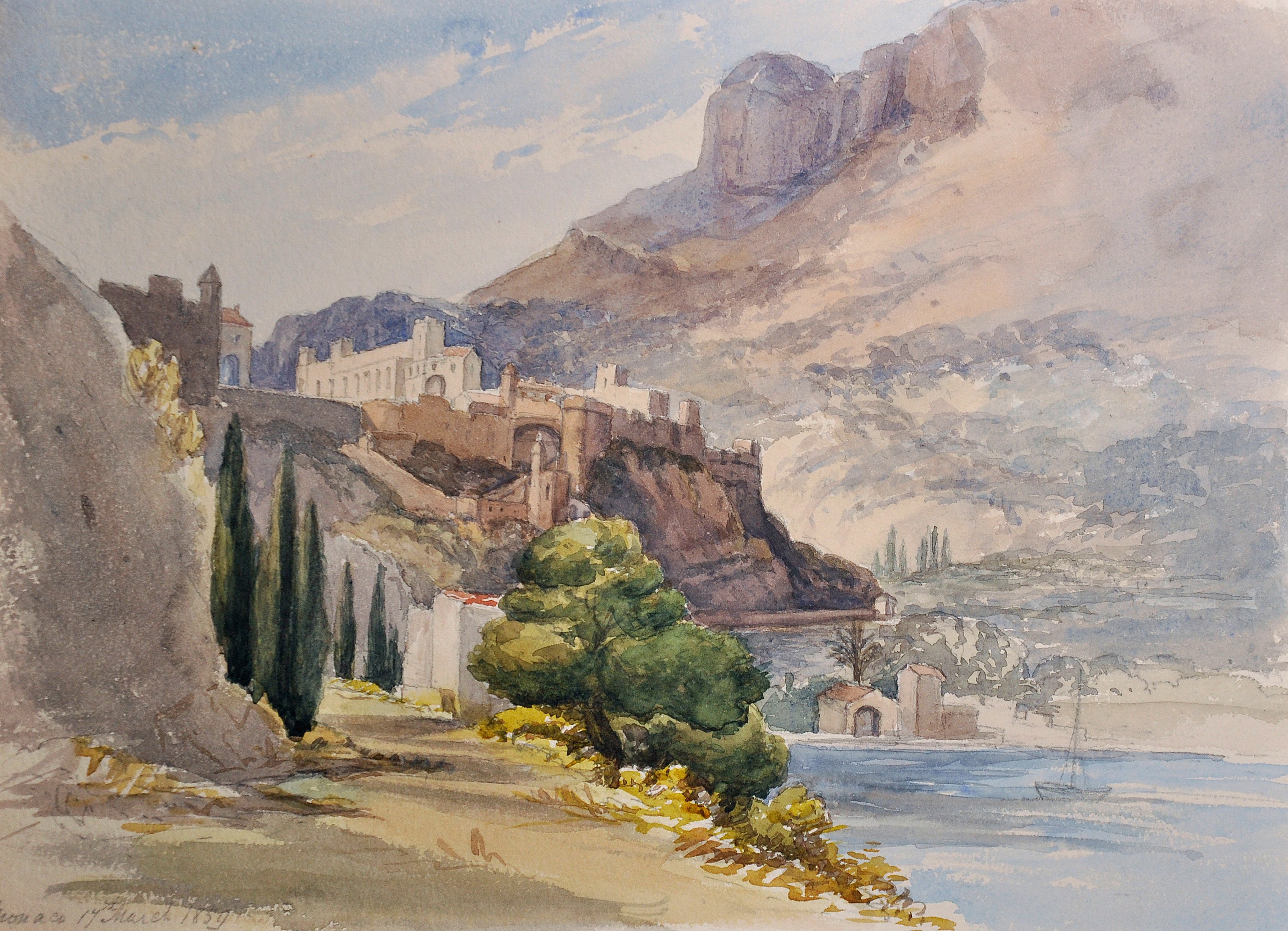 19th Century English School "Monaco" Watercolour, Inscribed and Dated 1859 in Pencil Unframed, 9"