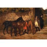 Circle of John Seymour Lucas (1849-1923) British. Figures and Horses by a Garden Gate,