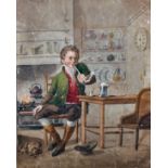 J… J… Young (early 19th Century) British. A Kitchen Interior with a Man Smoking a Pipe, Watercolour,