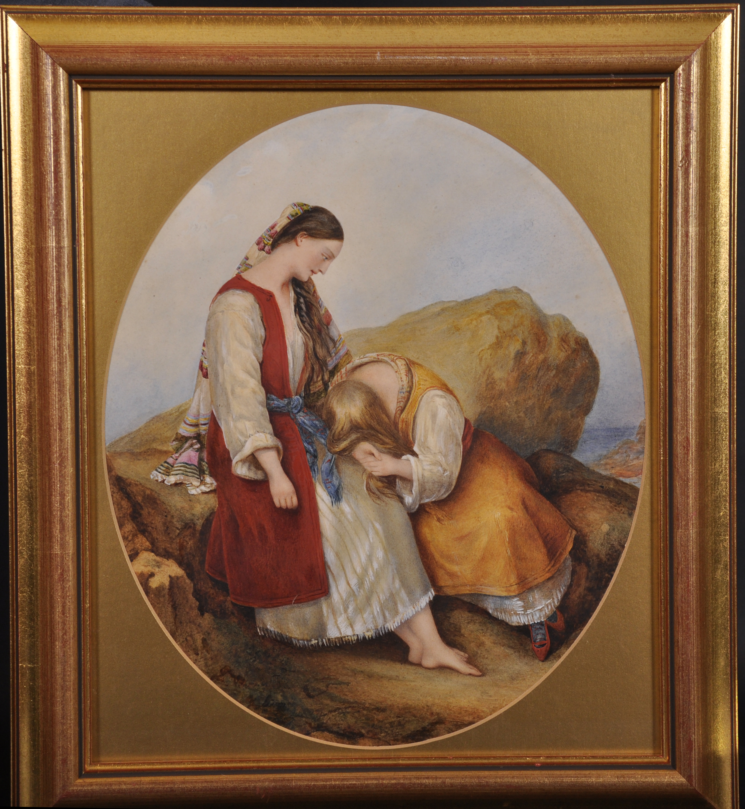 19th Century English School. ‘The Sisters of Greece’, Watercolour, Oval, 13” x 11” (33 x 28cm) - Image 2 of 3