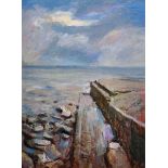 George Manchester (1922-1996) British. “Brighton”, a Coastal Scene with a Stone Jetty, Oil on Board,