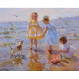 Konstantin Razumov (1974- ) Russian. “Sunny Day at Sea”, with Children and a Terrier on the Beach,
