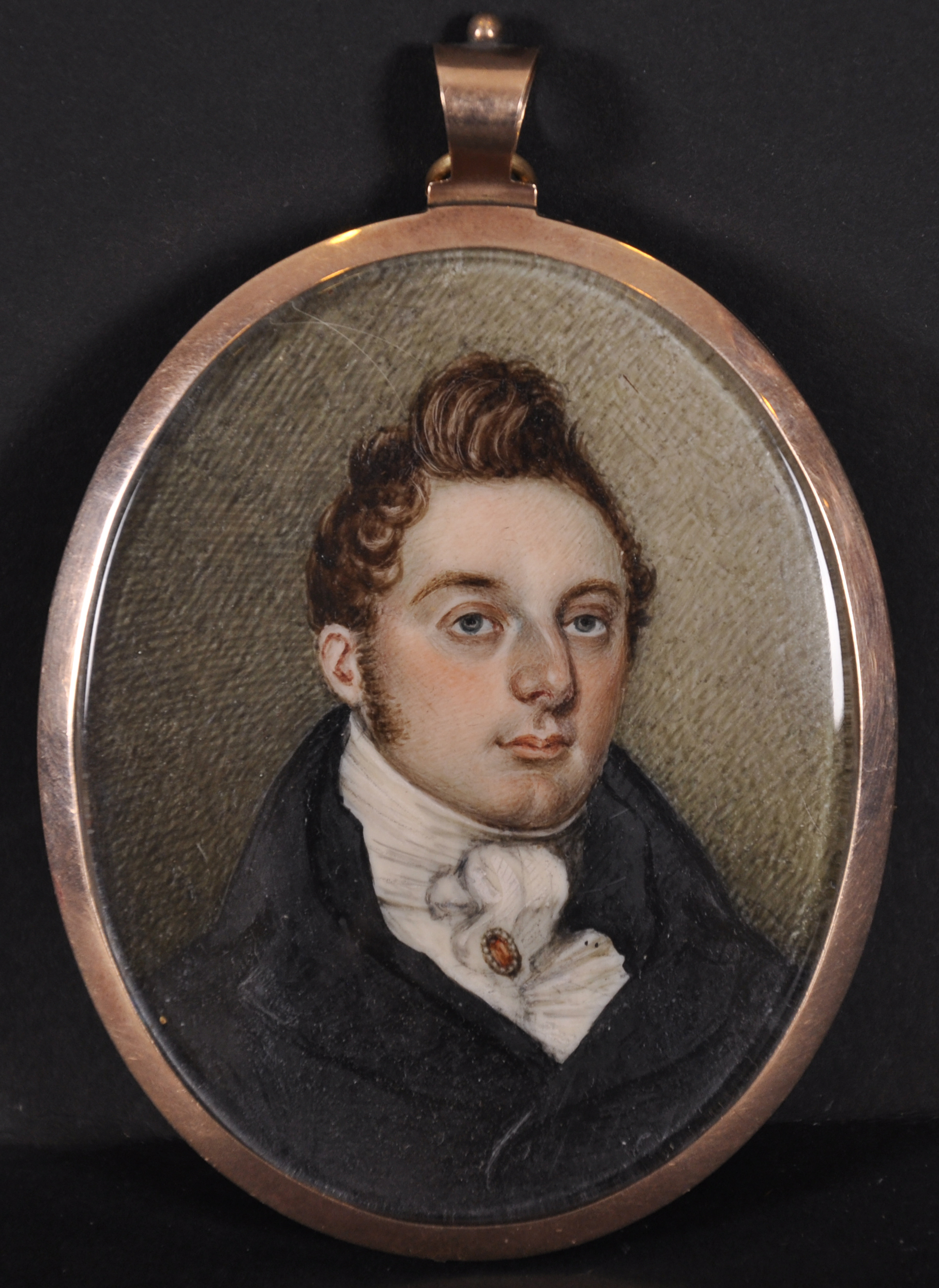 19th Century English School. Portrait of a Gentleman, with a Jewelled Cravat, Miniature, with - Image 2 of 3