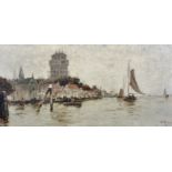 George Bunn (act.1877-1898) British. A Continental Harbour Scene, with Sailing Boats in the