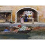 Graham Petrie (1859-1940) British. A Venetian Backwater, with a Vegetable Seller and Figures under
