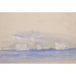 19th Century English School. An Arctic Seascape with Icebergs and a Three Masted Boat in the