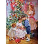 Konstantin Razumov (1974- ) Russian. “Decoration of the Christmas Tree”, with Young Children, Oil on
