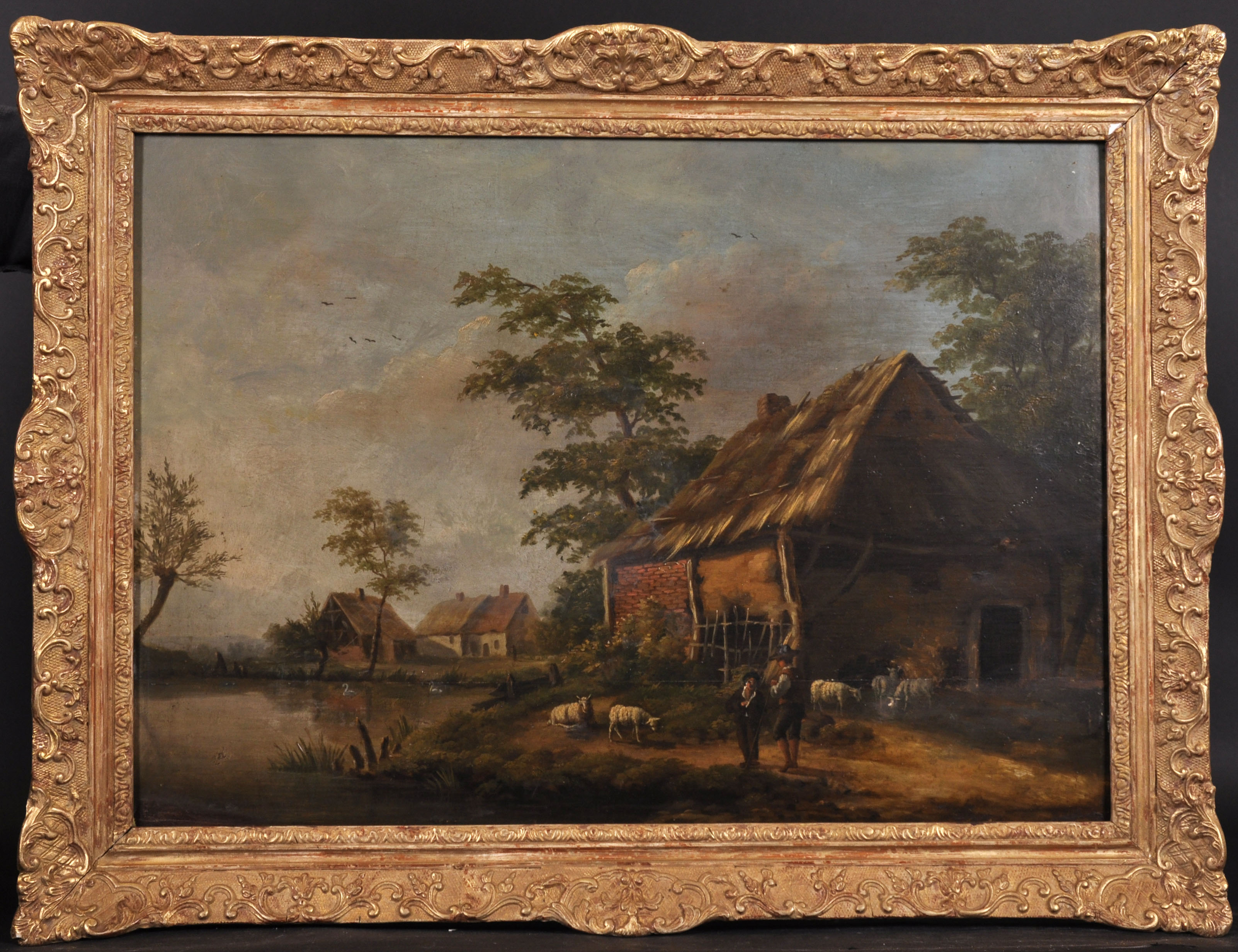 18th Century Dutch School. A River Landscape, with Figures and Sheep by Farm Buildings, Oil on - Image 2 of 4