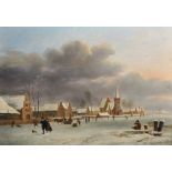 Andreas Schelfhout (1787-1870) Dutch. A Winter Town Scene, with Figures Skating, Oil on Panel,