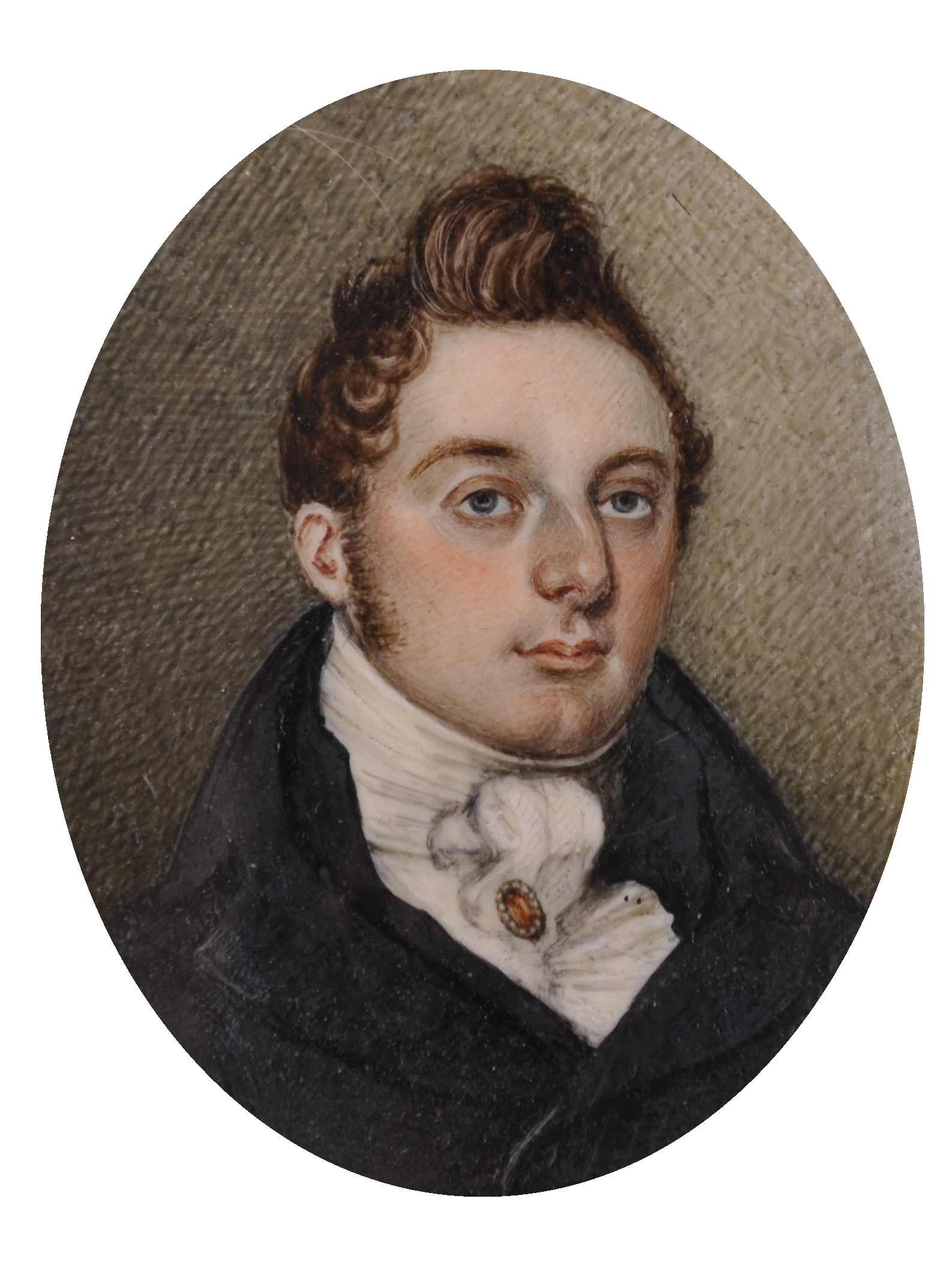 19th Century English School. Portrait of a Gentleman, with a Jewelled Cravat, Miniature, with