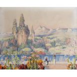 Early 20th Century European School. A Fantasy Landscape with a Lady seated in the foreground,