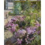 Timothy Easton (1943- ) British. “Towards the Gateway, Bedfield Hall”, a Garden Scene, Oil on