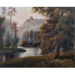 E… P…. Baker (19th Century) British. A Tranquil River Landscape, with a Hilltop Fortification, Oil
