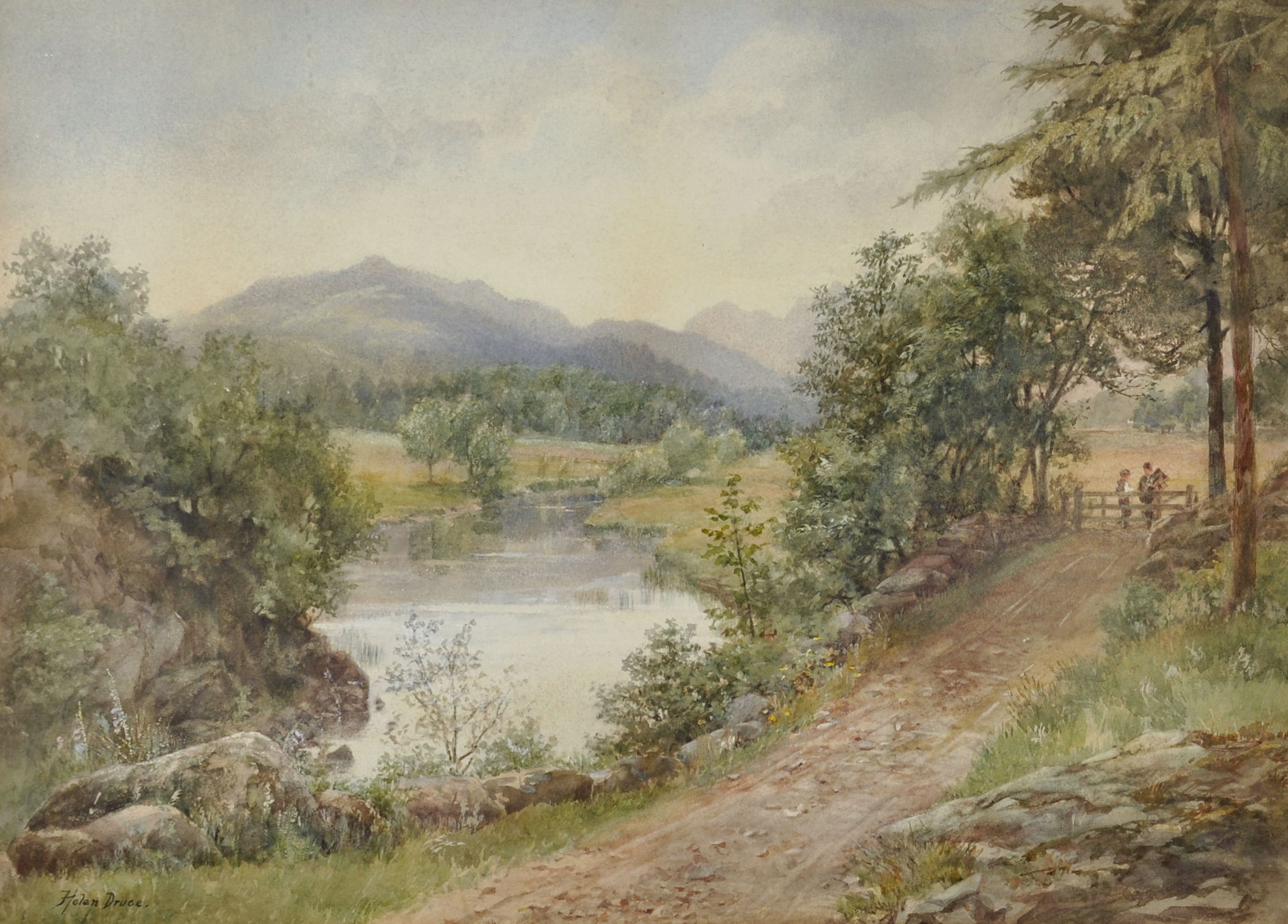 Helen Druce (19th - 20th Century) British. An Extensive River Landscape, with Figures by a Wooden