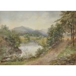 Helen Druce (19th - 20th Century) British. An Extensive River Landscape, with Figures by a Wooden
