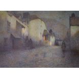 Herbert Edward Butler (1861-1931) British. ‘Polperro’, a Street Scene at Dusk, with Figures in the