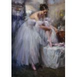 Konstantin Razumov (1974- ) Russian. “Ballerina in the Dressing Room”, tying her Ballet Shoes, Oil