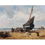 Alexander Young (1865-1923) British. A Beach Scene, with Figures Unloading the Catch, Oil on Canvas,