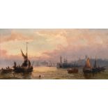 William Anslow Thornley (1857-1935) British. “Sunrise at Margate”, with Figures in Boats, Oil on