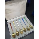 Harlequin set of six enamelled and silver Danish spoons makers ela boxed.