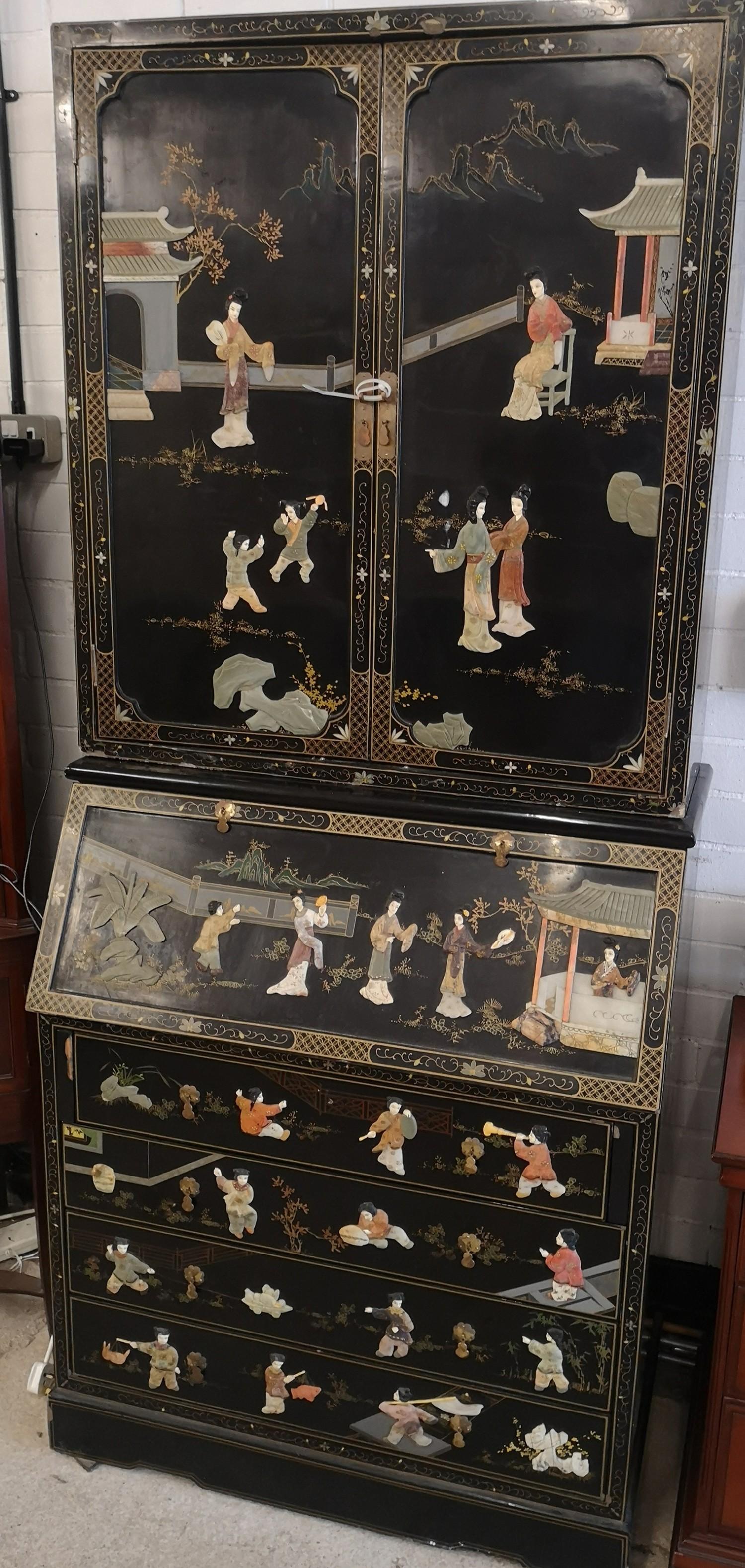Chinoissere 2 section Oriental bureau book case with mother of pearl inlays etc.
