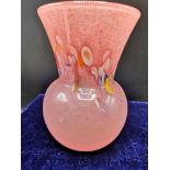 Scottish starthearn glass vase in pink colourations with multi colour swirls 7 inches in height.