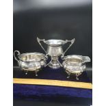Silver Hall marked large sugar and cream together with silver Hall marked trophy. 688 grams in