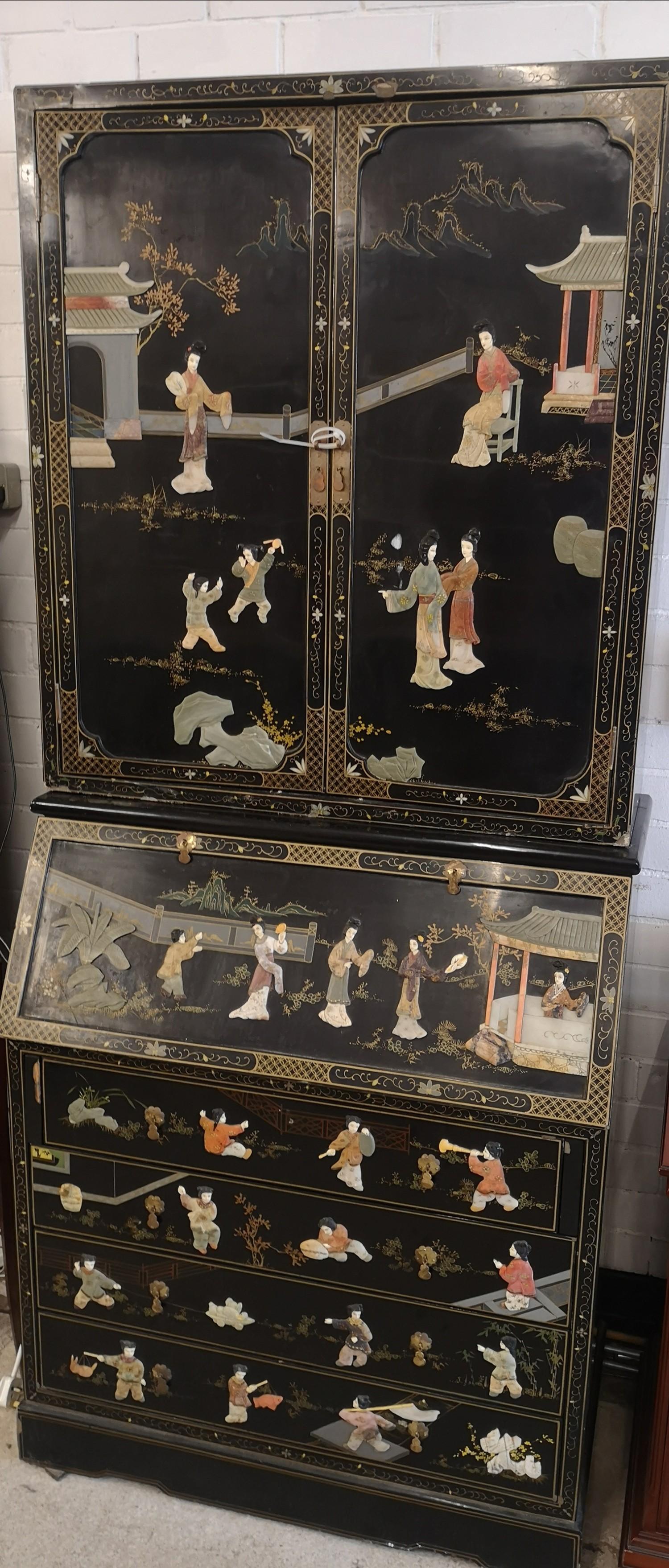 Chinoissere 2 section Oriental bureau book case with mother of pearl inlays etc. - Image 2 of 6