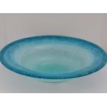 Rare Monart glass bowl in blue, teal blue and silver Mica inclusions 11.5 inch in diameter by 2. 3