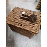 Vintage wicker fishing creel together with 1900s wooden Nottingham fishing fly reel.