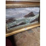 Victorian oil Painting raised out oil Painting of coastel sea scene in gilt frame signed by artist.
