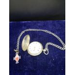Silver Hall marked pocket watch Thomas gaunt Melbourn with Albert chain and enamel fob.