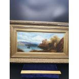 Victorian oil Painting on canvas Highland loch scene with Castle background in gilt frame.