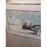 Watercolour of boat harbour signed