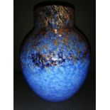 Scottish Monart vase with original label attached with blue, black and gold flakes adverturine shape
