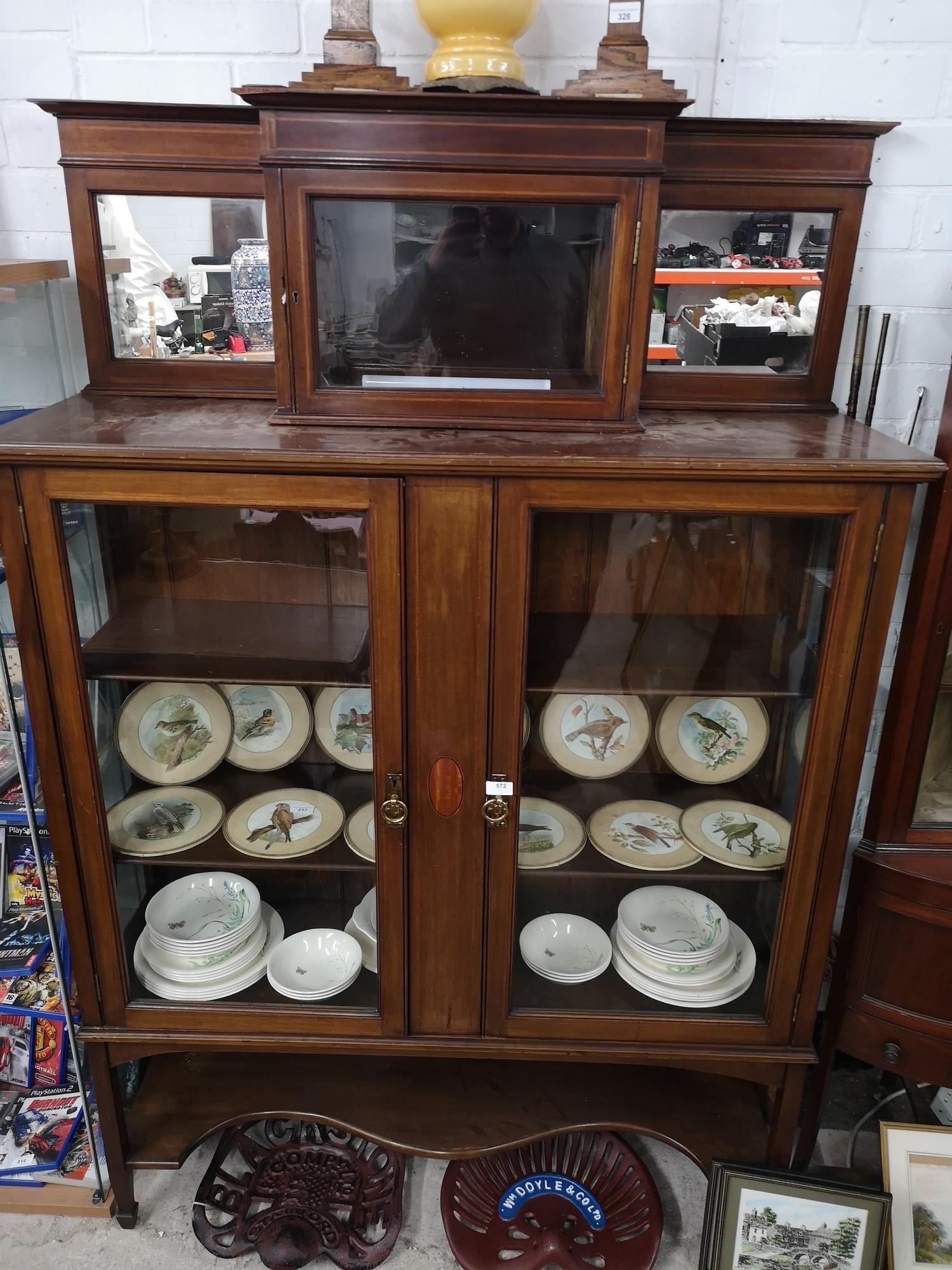 Large Edwardian inlaid dresser with 2 glass fronted doors with mirror back. - Image 2 of 2