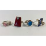 4 lovely 925 silver rings with turquoise, red jasper and other stones. 19.38gr size N, I, L, Q