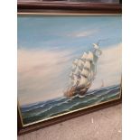 Nautical oil Painting in dark mahogany. Unsigned.