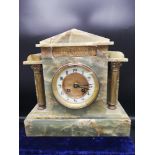 Victorian Green onyx marque deposee clock with with brass plaque and Corinthian column s.