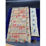 Victorian small sampler dated 1881 together with modern item.