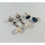 Lot of 3 pairs of 925 silver earrings, blue stones. rhinestones and faux pearl 10.45 grams.