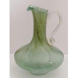 Rare Monart Scottish glass ewer jug with green colourations with label to bottom dated 1924.