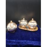 Arts and crafts silver on copper condiment set on copper tray. Mexican.