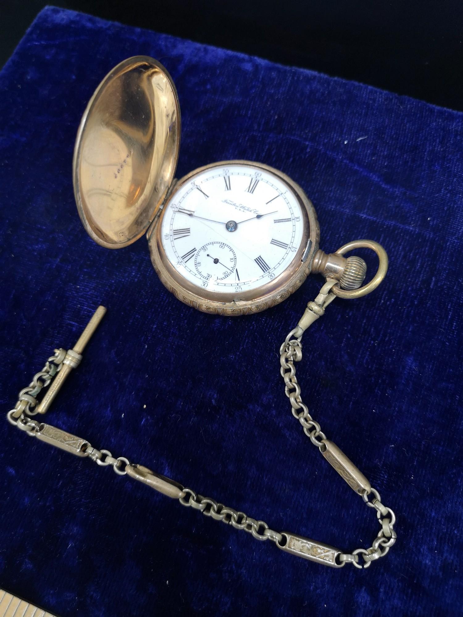 Gold plated Fenton watch company full hunter pocket with Albert chain.