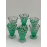 Rare set of 6 monart decanter glasses in green and silver mica colourations.