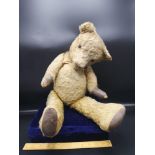 Antique Teddy with jointed limbs and hump back and glass eyes.
