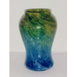 Rare Monart irregular bubble teal blue and green glass vase with original label. Stands 8 inches