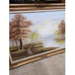 Large oil painting of forest scene depicting River and birds flying signed Raymond.