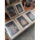 Set of 5 paintings on leafs depicting India scene s framed.