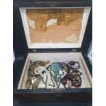 Edwardian inlaid jewellery box containing jewellery. Box does have damage to bottom.